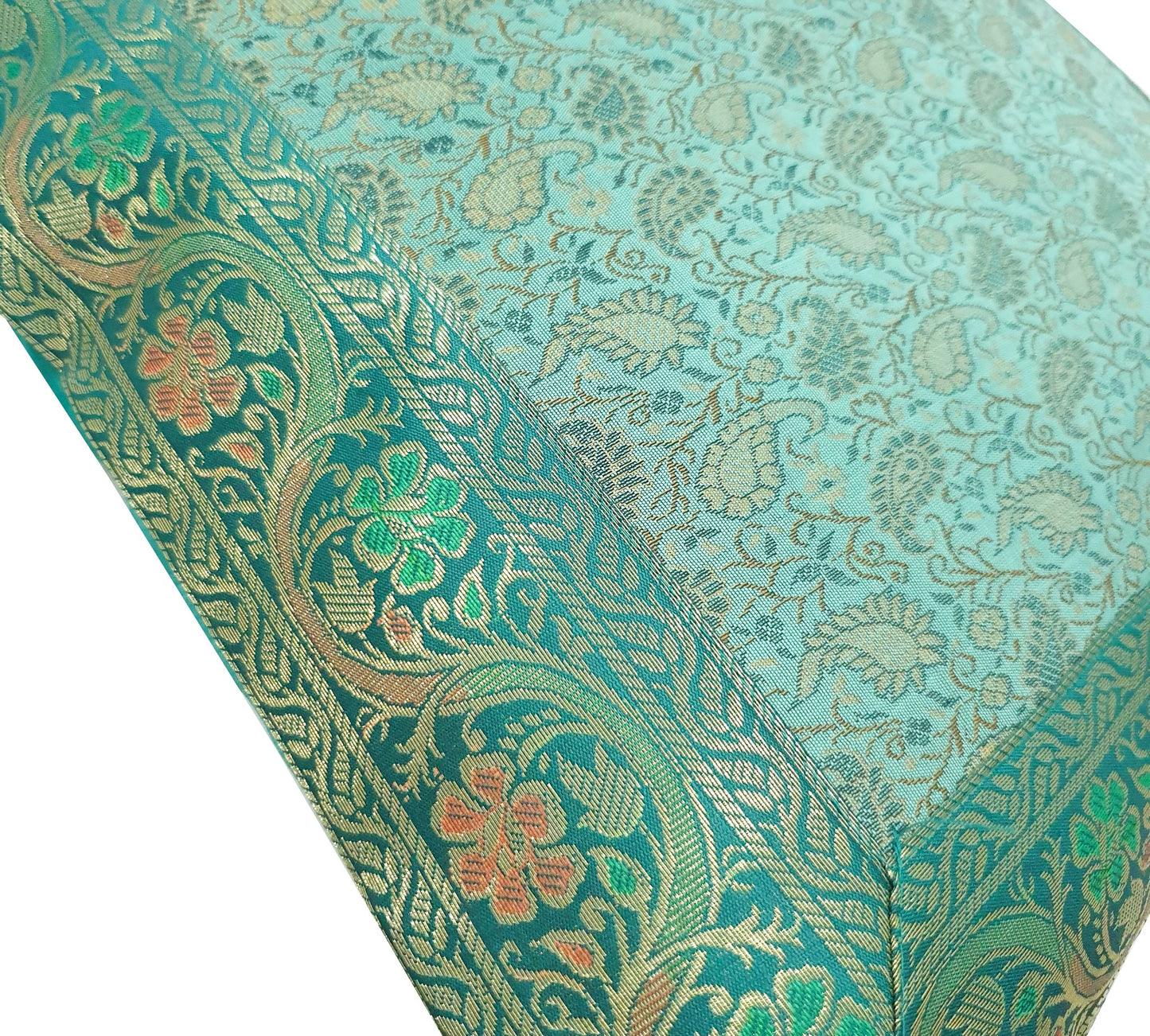 16x16" Banarasi Cushion Cover Indian Woven Brocade Silk Paisley Aqua Green Gift