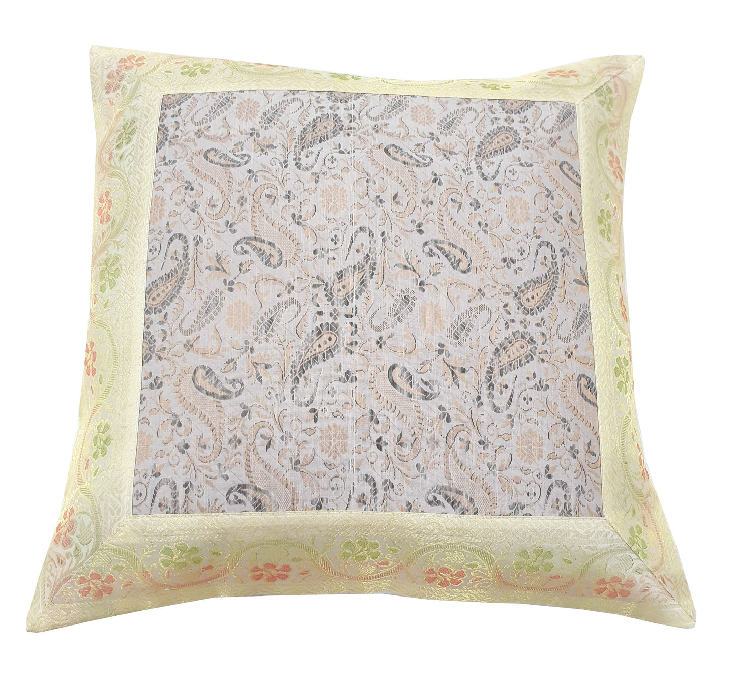 16x16" Banarasi Cushion Cover Indian Woven Brocade Silk Paisley Off White Gift