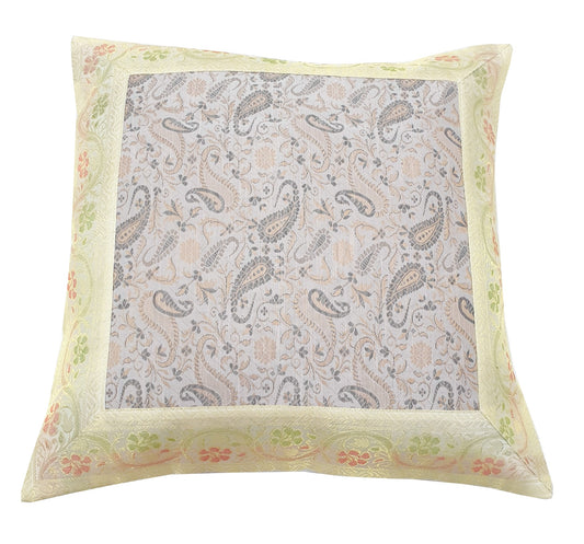 16x16" Banarasi Cushion Cover Indian Woven Brocade Silk Paisley Off White Gift