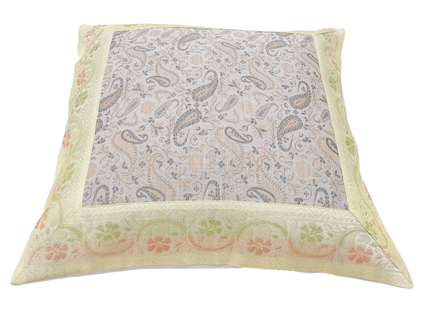 16x16" Banarasi Cushion Cover Indian Woven Brocade Silk Paisley Off White Gift
