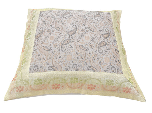 16x16" Banarasi Cushion Cover Indian Woven Brocade Silk Paisley Off White Gift