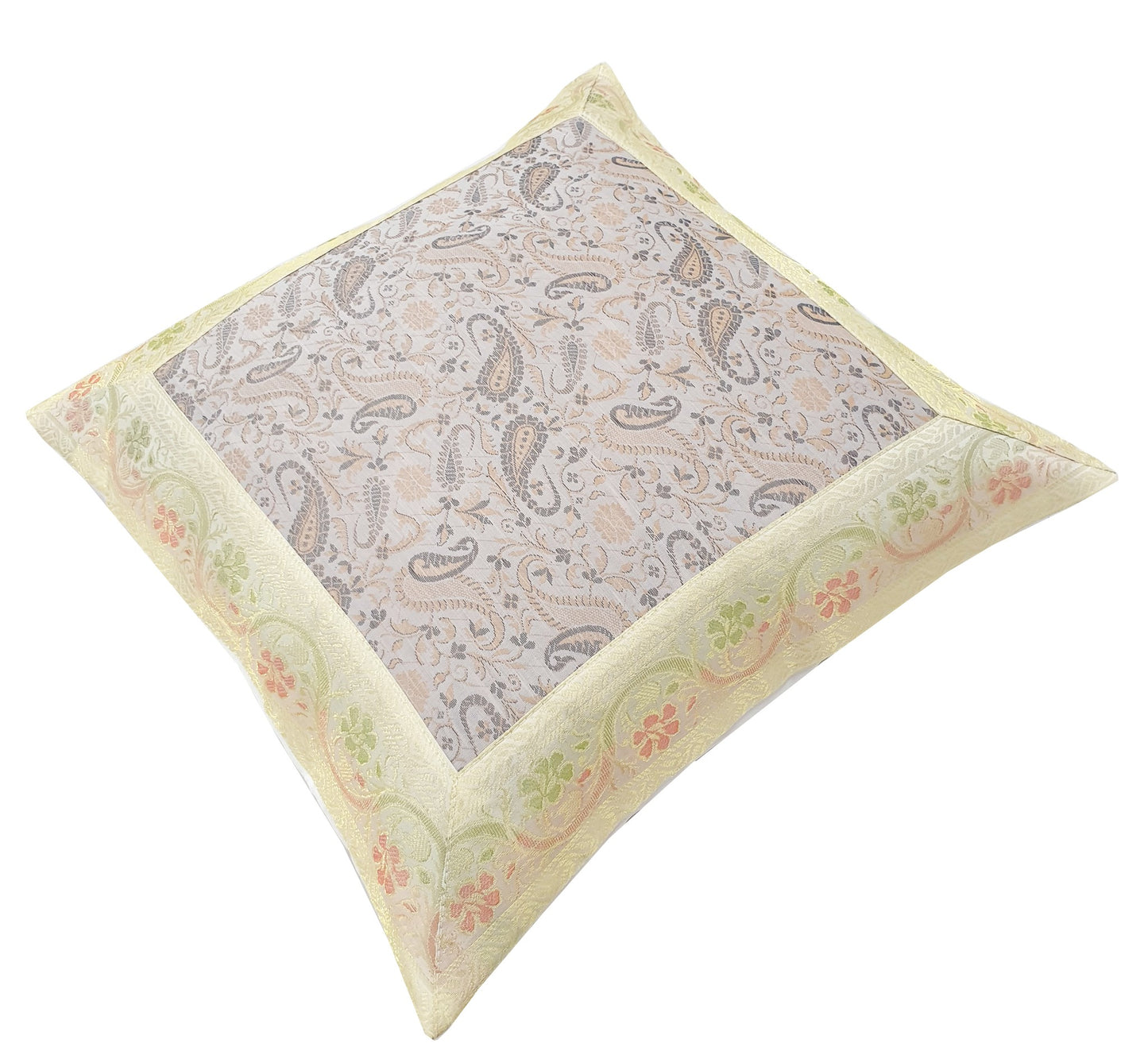 16x16" Banarasi Cushion Cover Indian Woven Brocade Silk Paisley Off White Gift