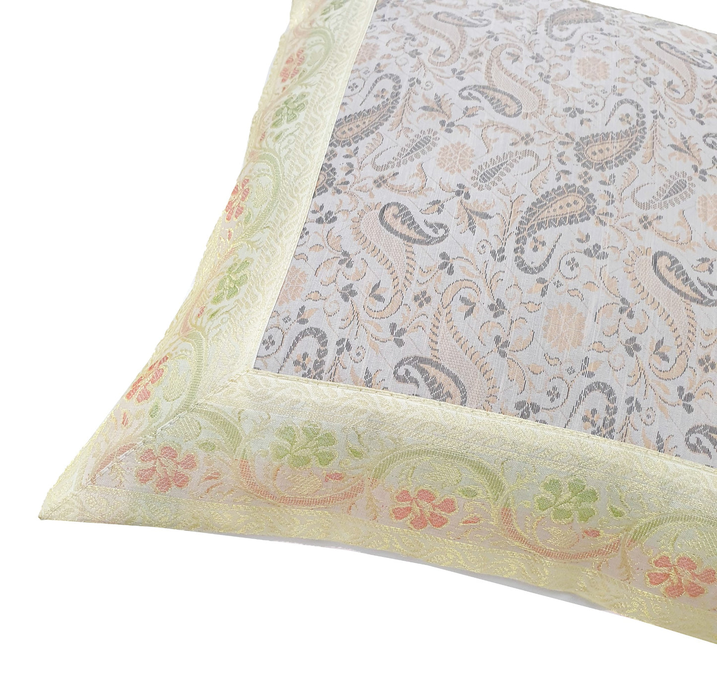 16x16" Banarasi Cushion Cover Indian Woven Brocade Silk Paisley Off White Gift