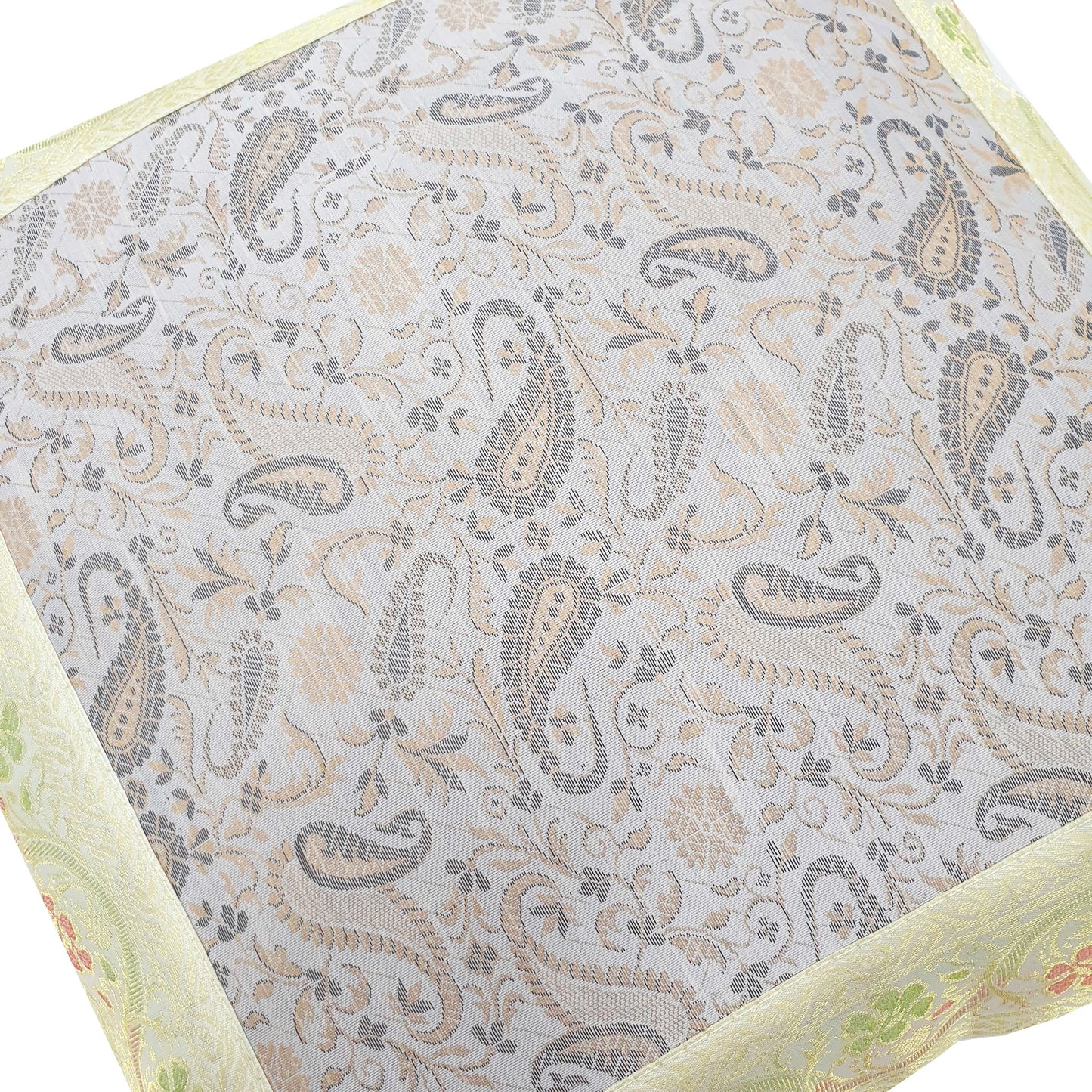 16x16" Banarasi Cushion Cover Indian Woven Brocade Silk Paisley Off White Gift