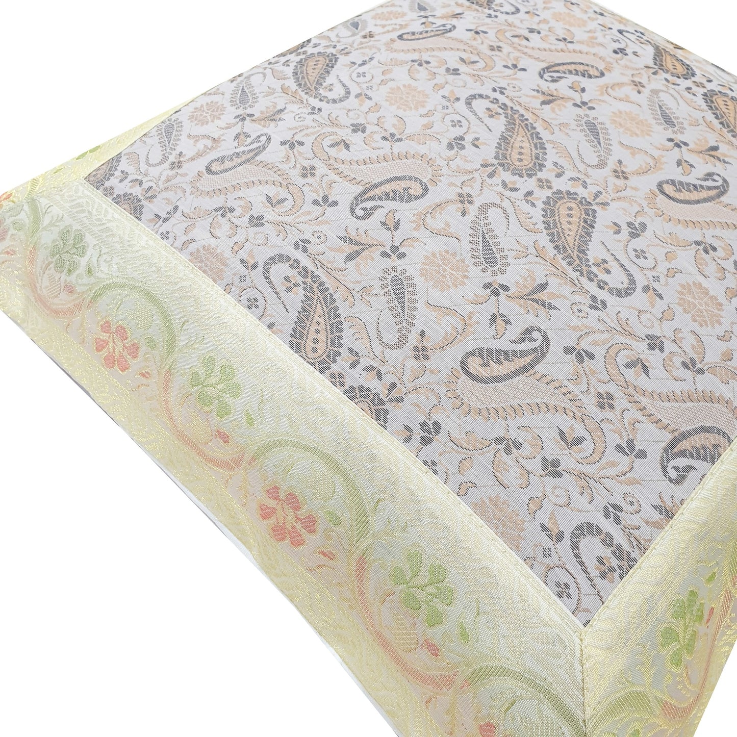 16x16" Banarasi Cushion Cover Indian Woven Brocade Silk Paisley Off White Gift