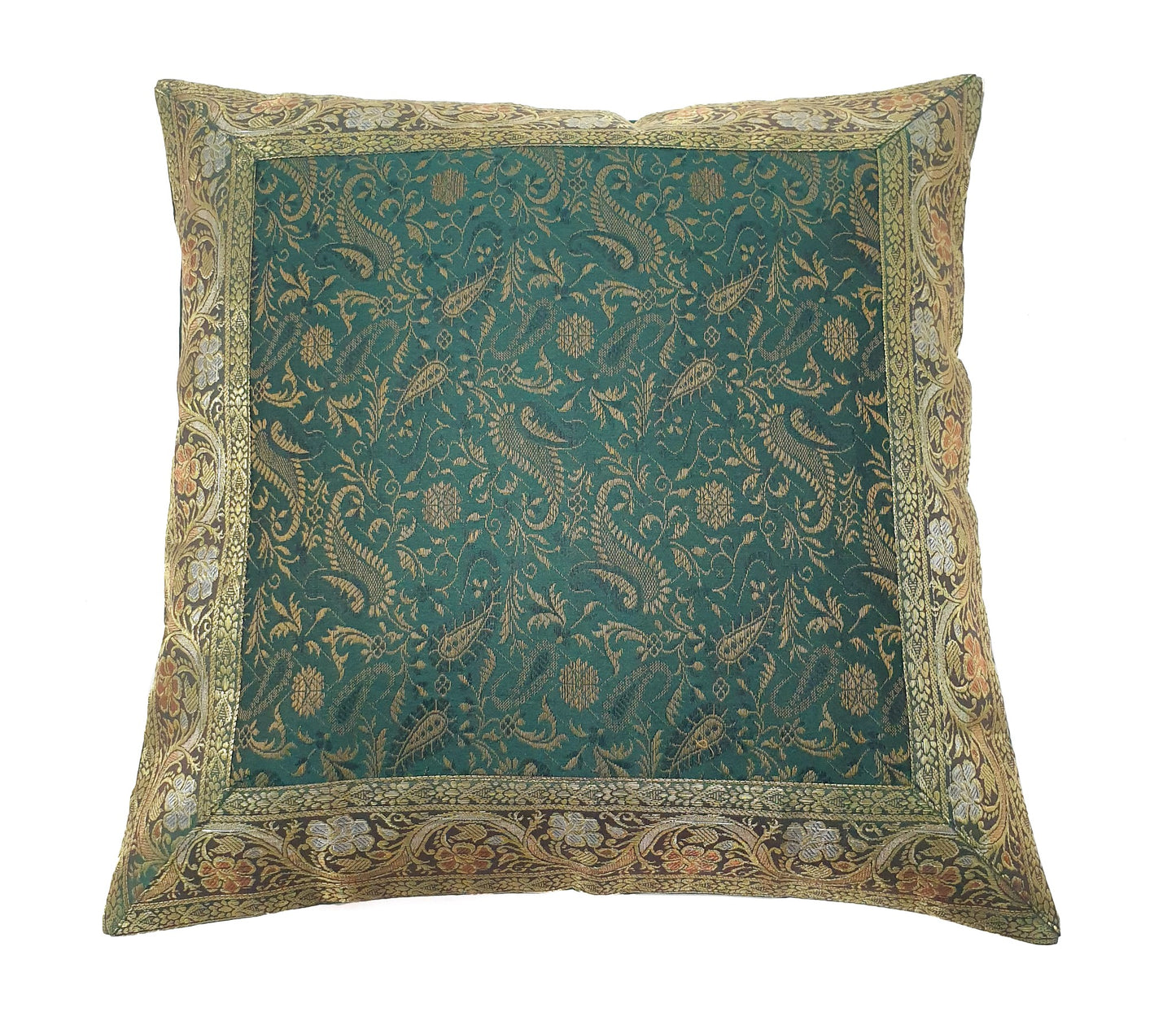16x16" Banarasi Cushion Cover Woven Zari Brocade Silk Paisley Bottle Green Gift