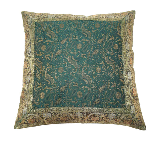 16x16" Banarasi Cushion Cover Woven Zari Brocade Silk Paisley Bottle Green Gift