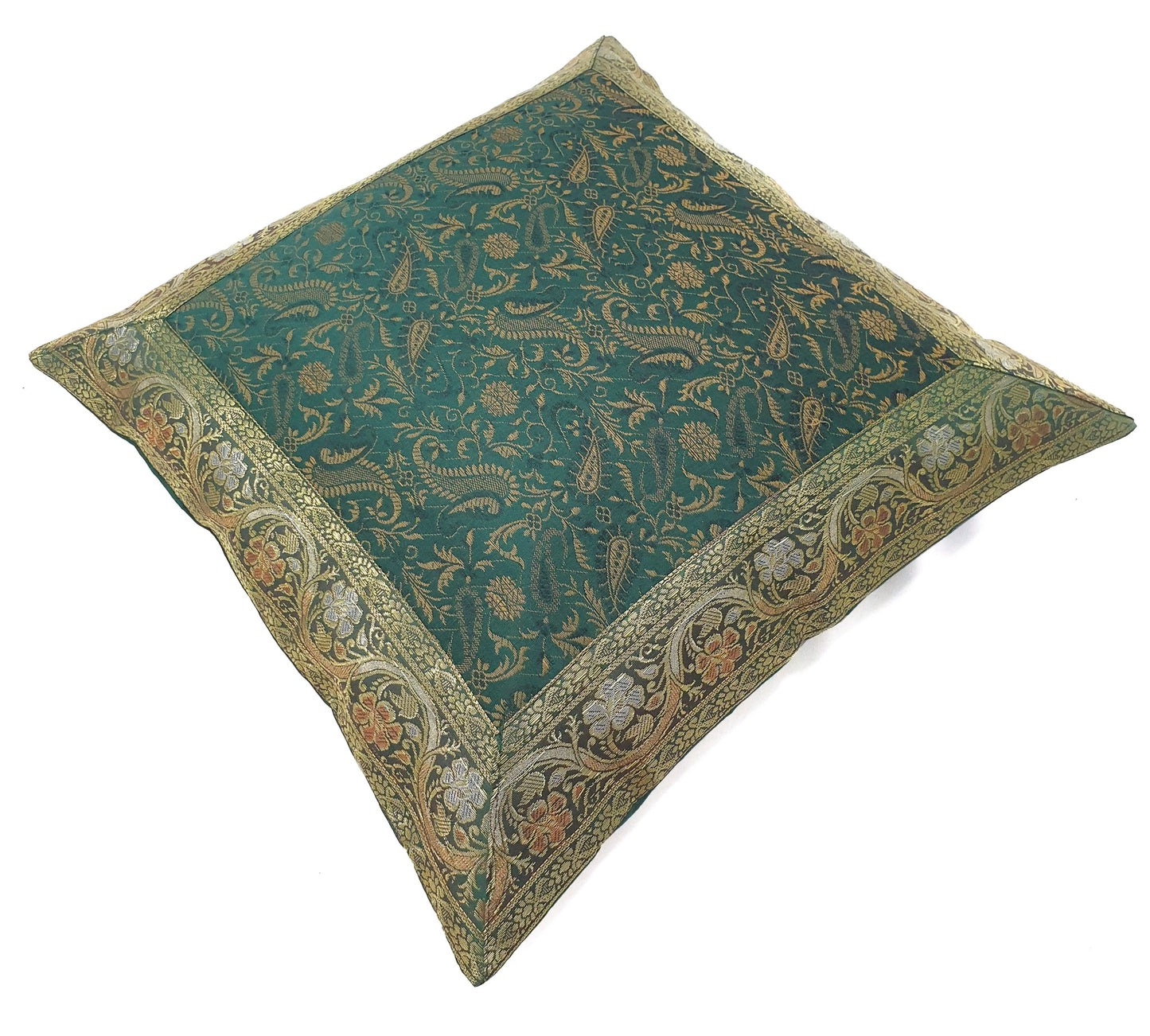 16x16" Banarasi Cushion Cover Woven Zari Brocade Silk Paisley Bottle Green Gift