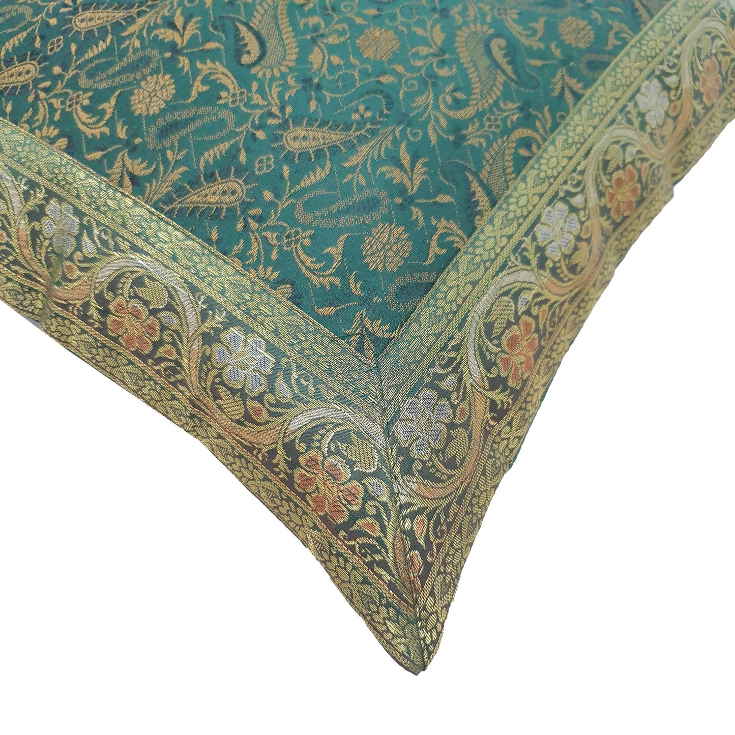 16x16" Banarasi Cushion Cover Woven Zari Brocade Silk Paisley Bottle Green Gift