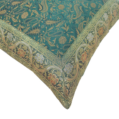 16x16" Banarasi Cushion Cover Woven Zari Brocade Silk Paisley Bottle Green Gift