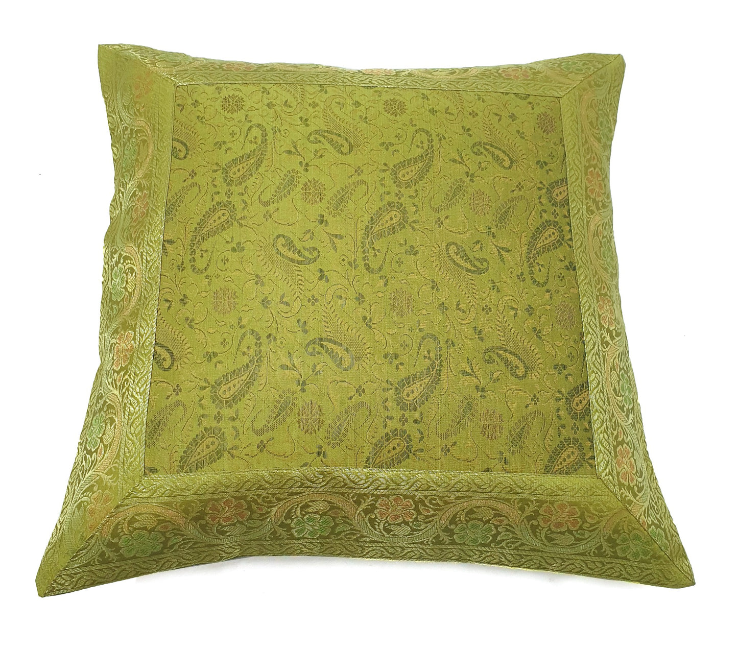 16x16" Banarasi Cushion Covers Indian Woven Zari Brocade Silk Paisley Green Gift