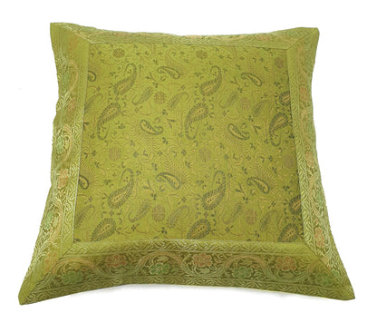 16x16" Banarasi Cushion Covers Indian Woven Zari Brocade Silk Paisley Green Gift