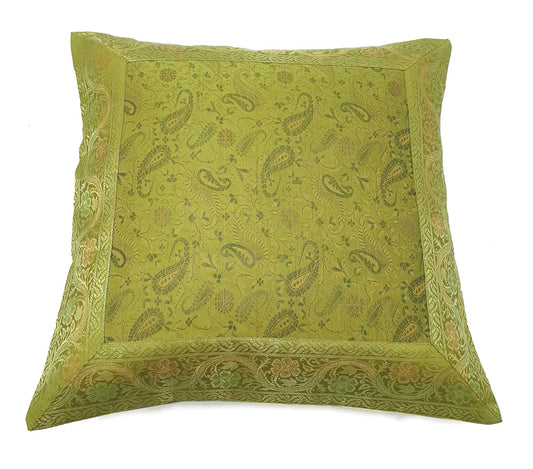 16x16" Banarasi Cushion Covers Indian Woven Zari Brocade Silk Paisley Green Gift