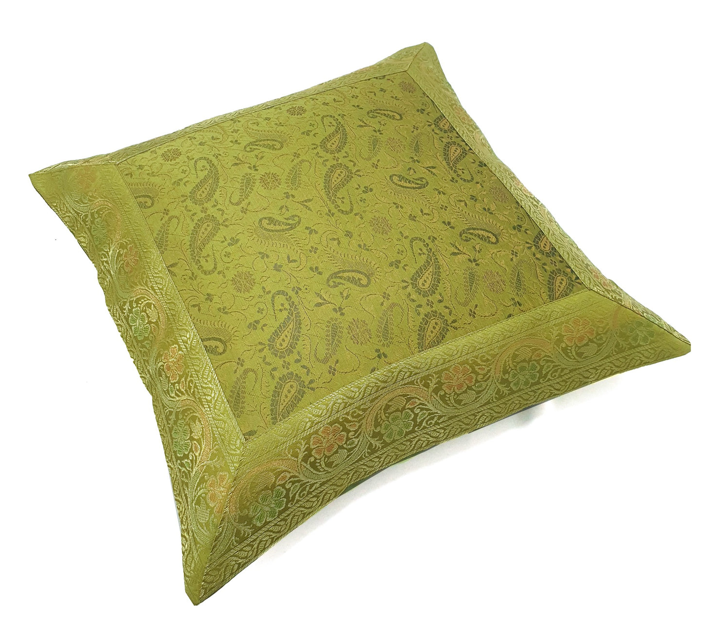 16x16" Banarasi Cushion Covers Indian Woven Zari Brocade Silk Paisley Green Gift