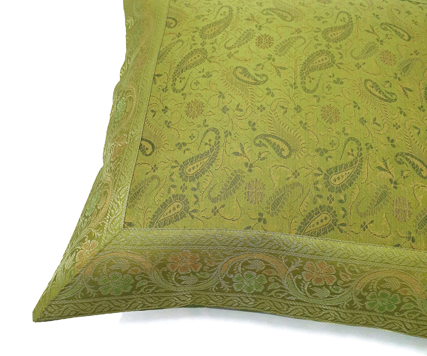 16x16" Banarasi Cushion Covers Indian Woven Zari Brocade Silk Paisley Green Gift