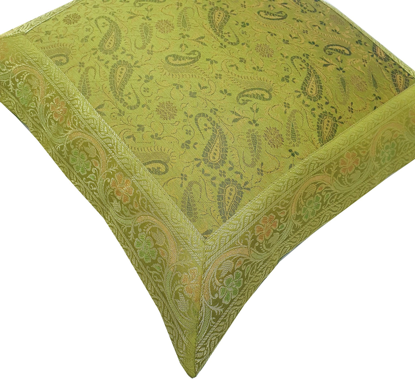 16x16" Banarasi Cushion Covers Indian Woven Zari Brocade Silk Paisley Green Gift