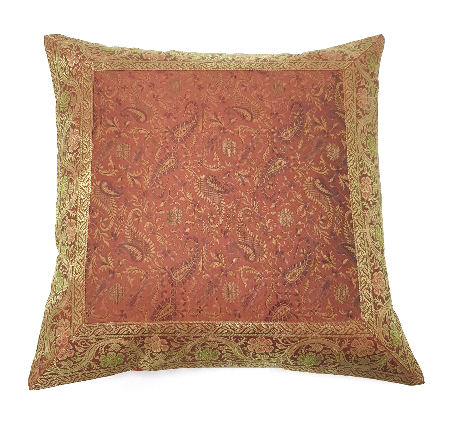 16x16" Banarasi Cushion Cover Indian Woven Brocade Silk Paisley Rust Gift
