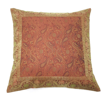 16x16" Banarasi Cushion Cover Indian Woven Brocade Silk Paisley Rust Gift