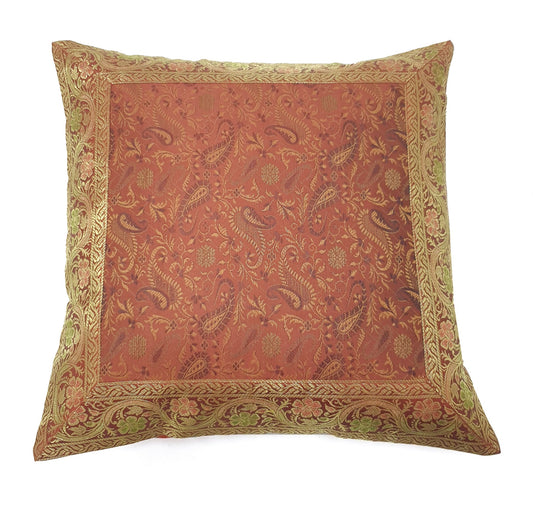 16x16" Banarasi Cushion Cover Indian Woven Brocade Silk Paisley Rust Gift