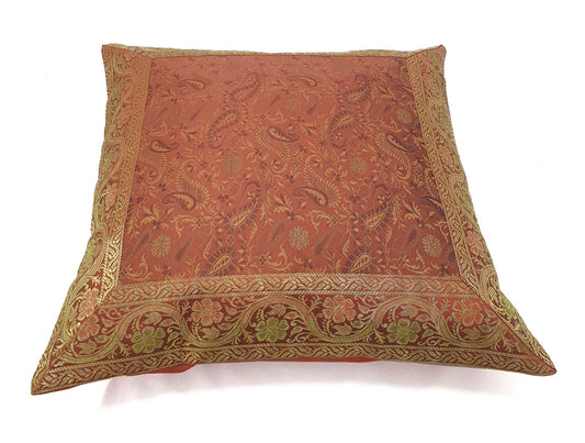 16x16" Banarasi Cushion Cover Indian Woven Brocade Silk Paisley Rust Gift