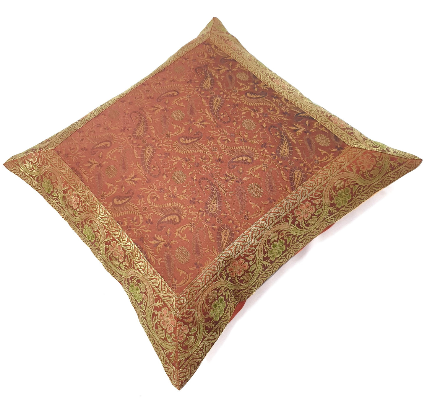 16x16" Banarasi Cushion Cover Indian Woven Brocade Silk Paisley Rust Gift