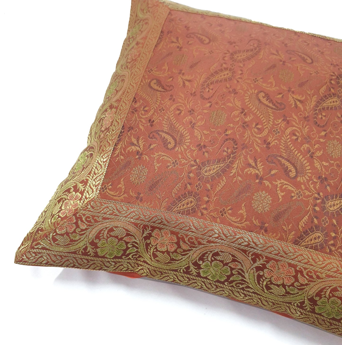 16x16" Banarasi Cushion Cover Indian Woven Brocade Silk Paisley Rust Gift