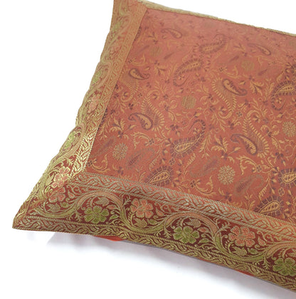 16x16" Banarasi Cushion Cover Indian Woven Brocade Silk Paisley Rust Gift