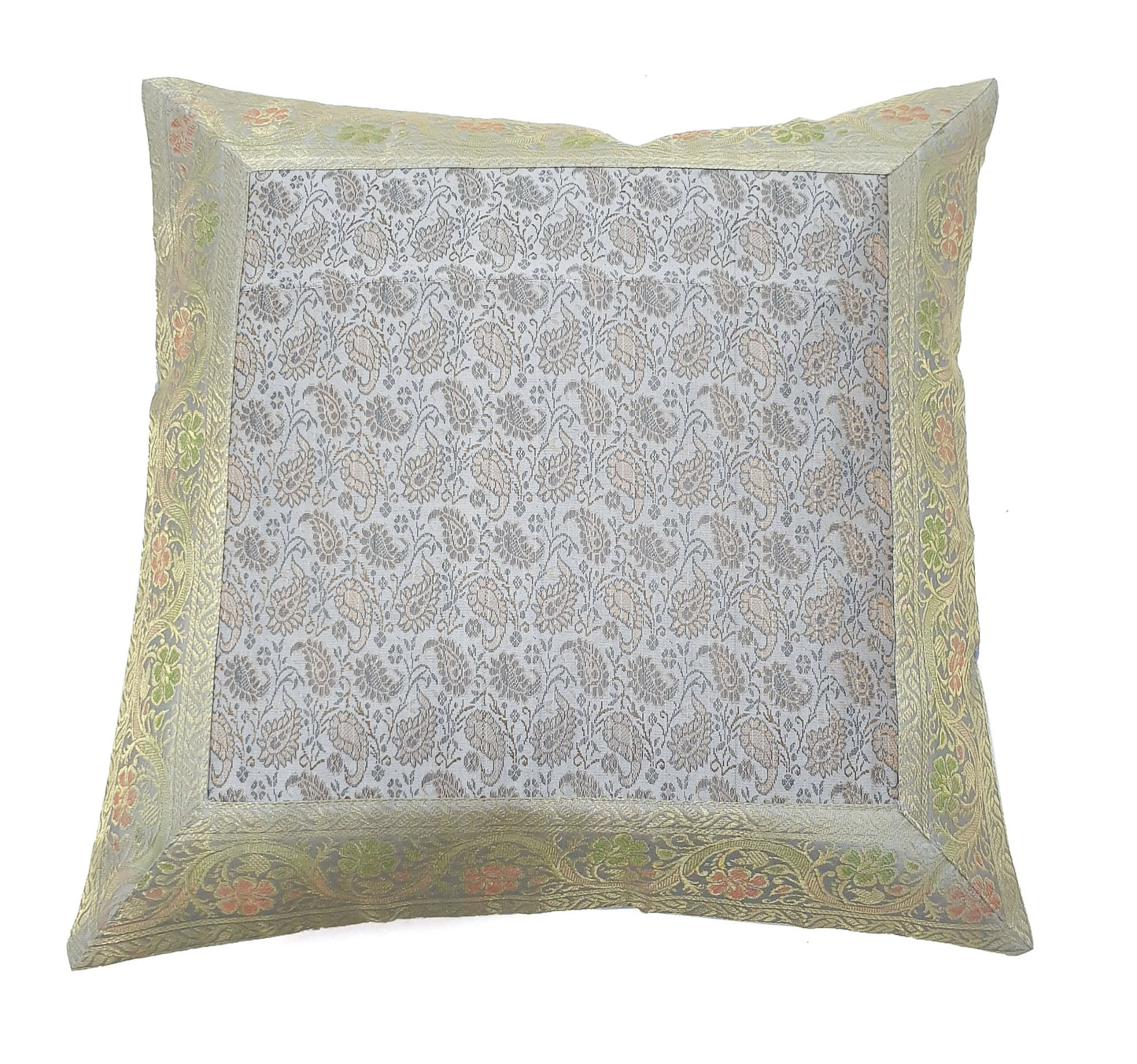 16x16" Banarasi Cushion Cover Woven Zari Brocade Silk Paisley Gray Indian Gift