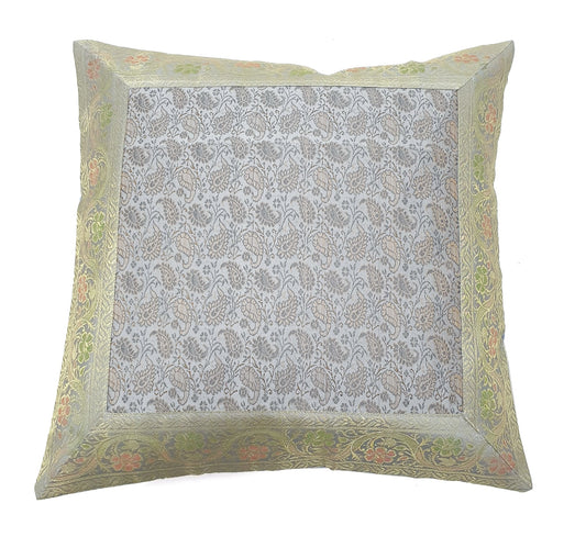 16x16" Banarasi Cushion Cover Woven Zari Brocade Silk Paisley Gray Indian Gift