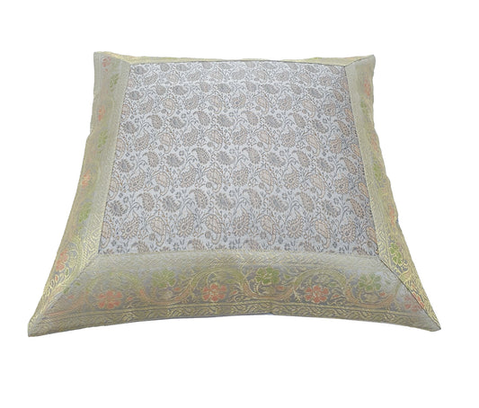 16x16" Banarasi Cushion Cover Woven Zari Brocade Silk Paisley Gray Indian Gift