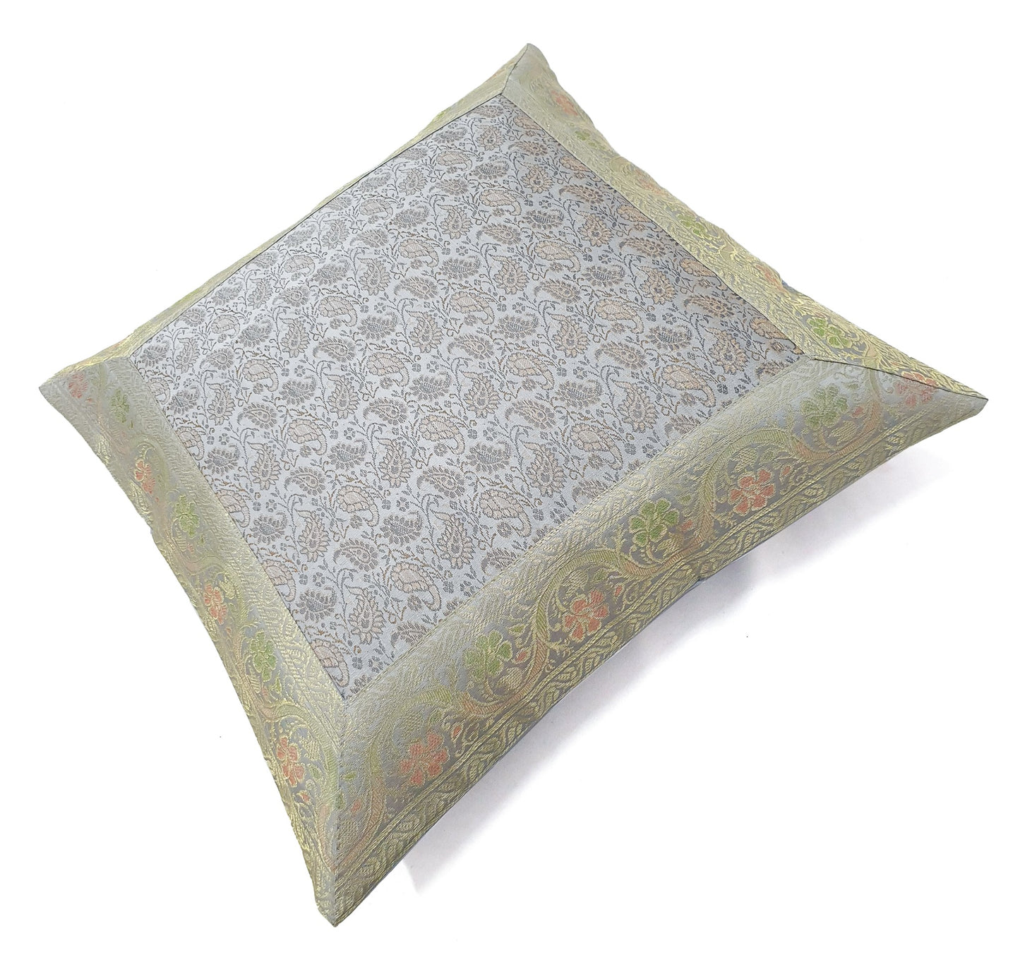 16x16" Banarasi Cushion Cover Woven Zari Brocade Silk Paisley Gray Indian Gift