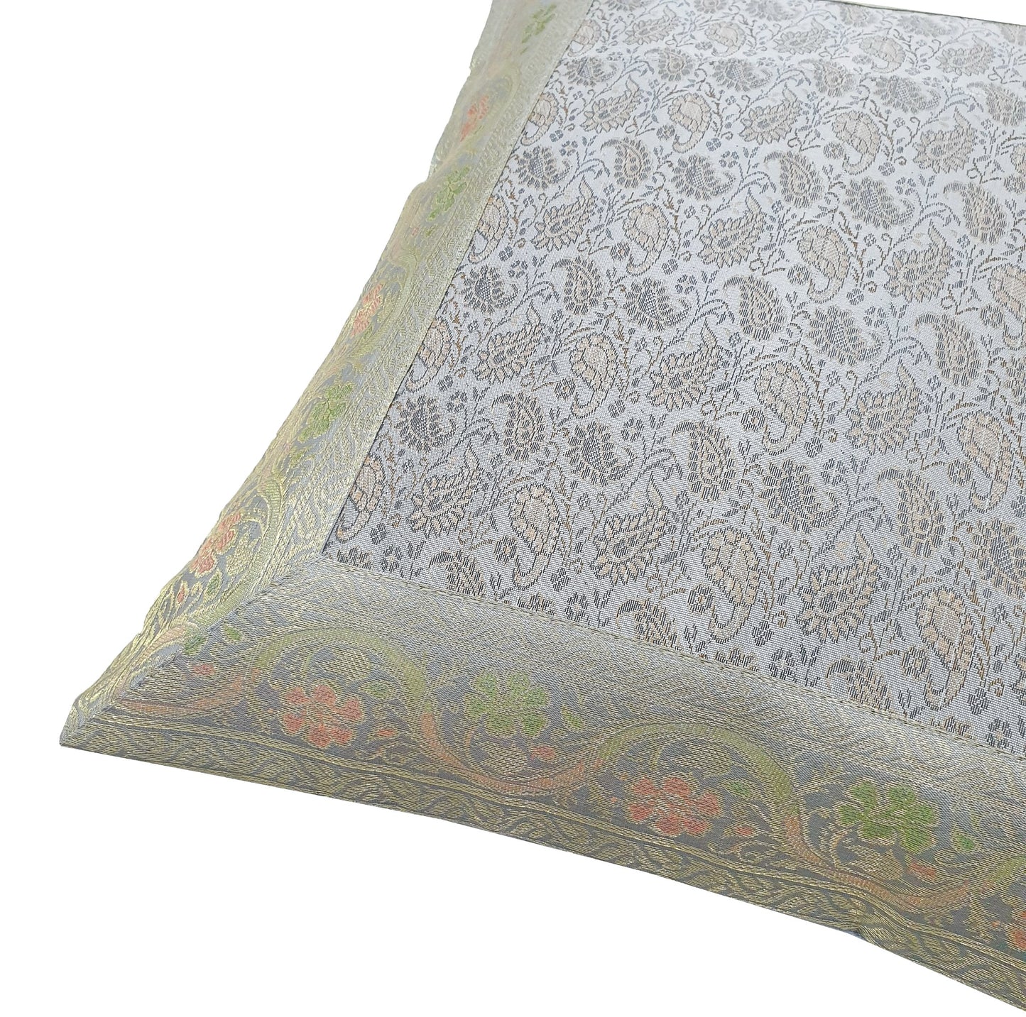 16x16" Banarasi Cushion Cover Woven Zari Brocade Silk Paisley Gray Indian Gift