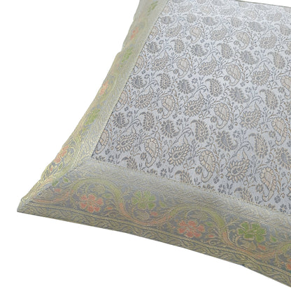 16x16" Banarasi Cushion Cover Woven Zari Brocade Silk Paisley Gray Indian Gift