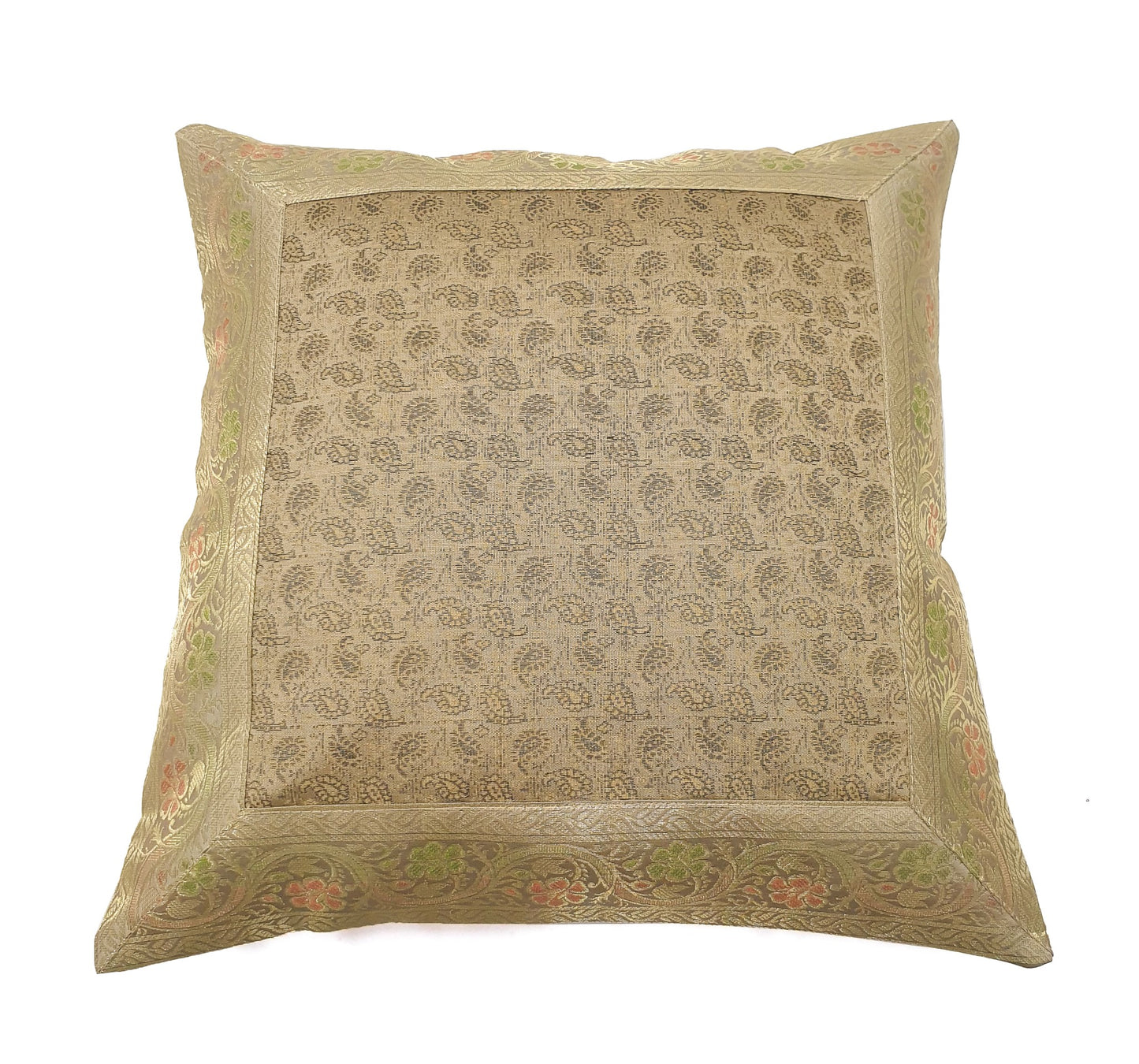 16x16" Banarasi Cushion Covers Beige Indian Woven Zari Brocade Silk Paisley Gift