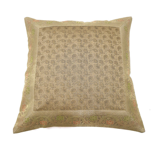 16x16" Banarasi Cushion Covers Beige Indian Woven Zari Brocade Silk Paisley Gift