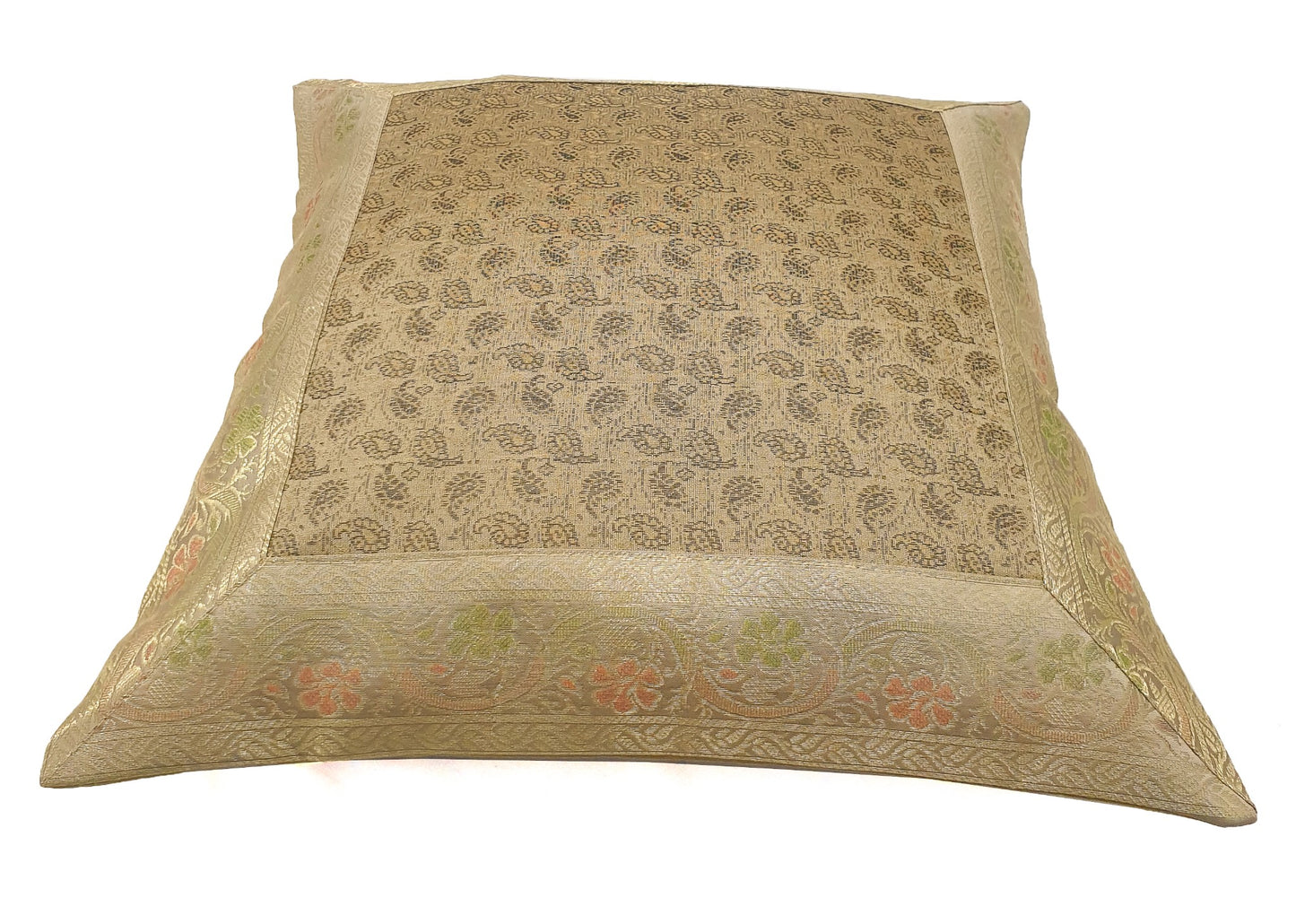 16x16" Banarasi Cushion Covers Beige Indian Woven Zari Brocade Silk Paisley Gift