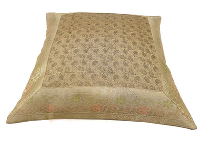 16x16" Banarasi Cushion Covers Beige Indian Woven Zari Brocade Silk Paisley Gift