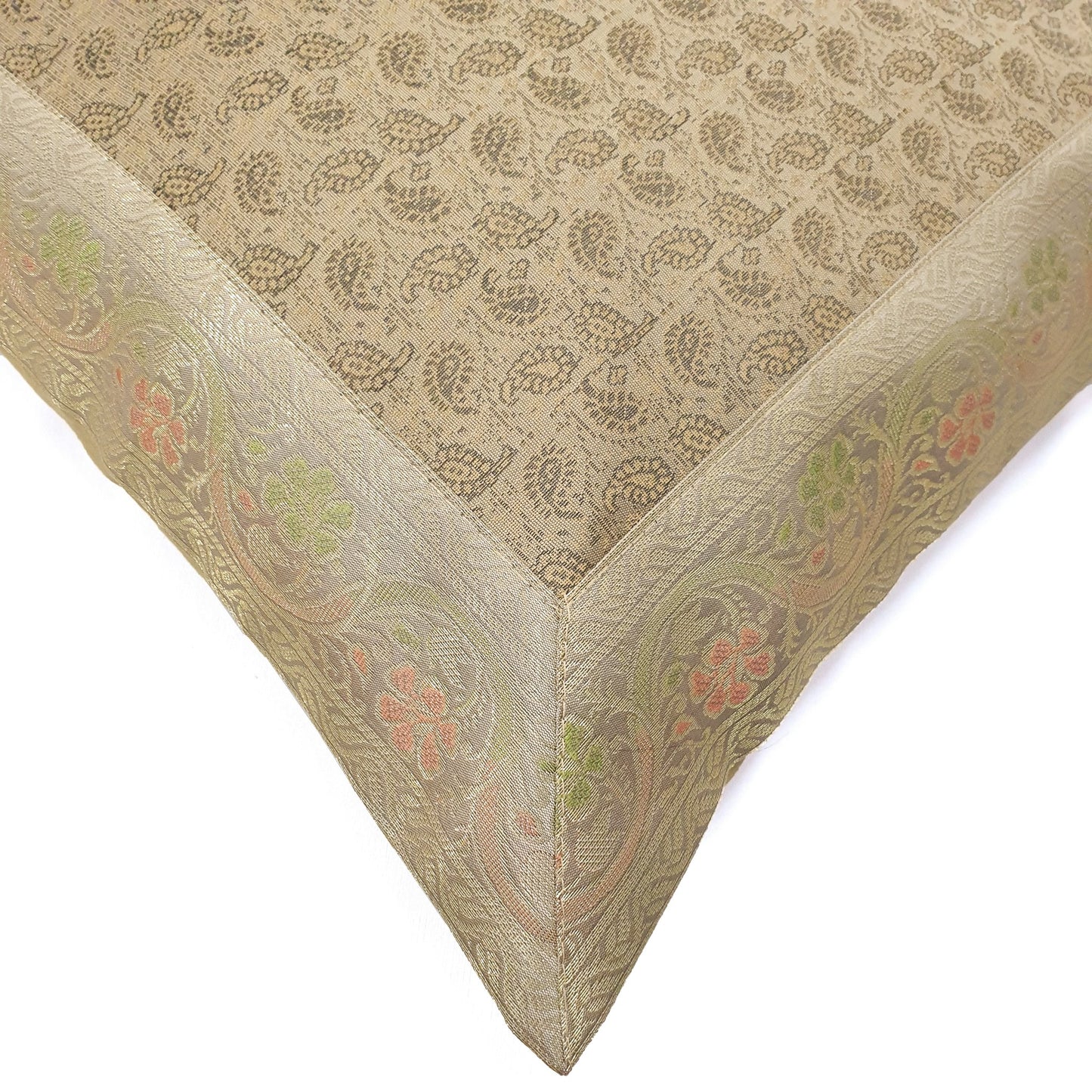 16x16" Banarasi Cushion Covers Beige Indian Woven Zari Brocade Silk Paisley Gift