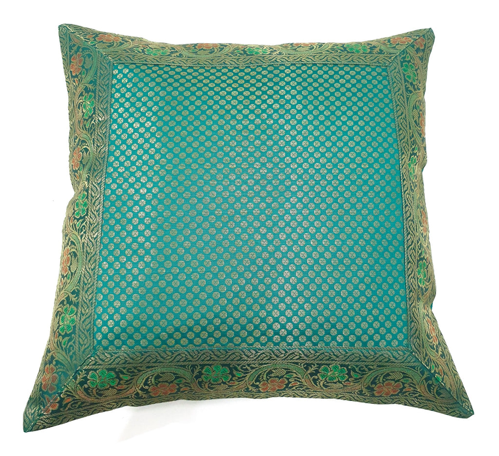 16x16" Banarasi Cushion Cover Woven Brocade Silk Dots Rama Green Indian Gift