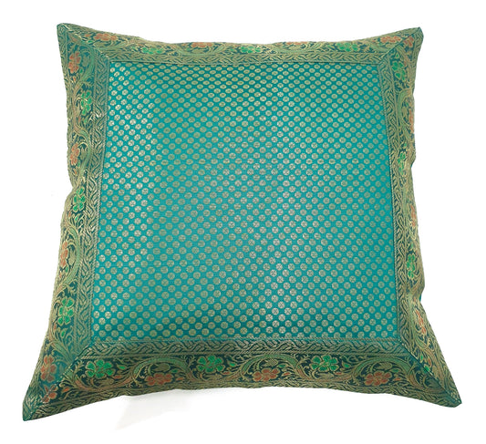 16x16" Banarasi Cushion Cover Woven Brocade Silk Dots Rama Green Indian Gift