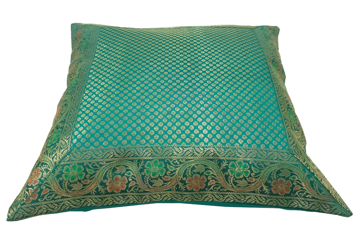 16x16" Banarasi Cushion Cover Woven Brocade Silk Dots Rama Green Indian Gift