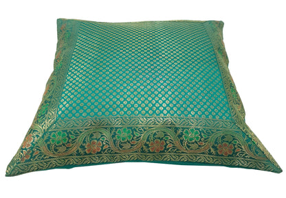 16x16" Banarasi Cushion Cover Woven Brocade Silk Dots Rama Green Indian Gift