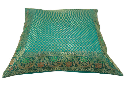 16x16" Banarasi Cushion Cover Woven Brocade Silk Dots Rama Green Indian Gift