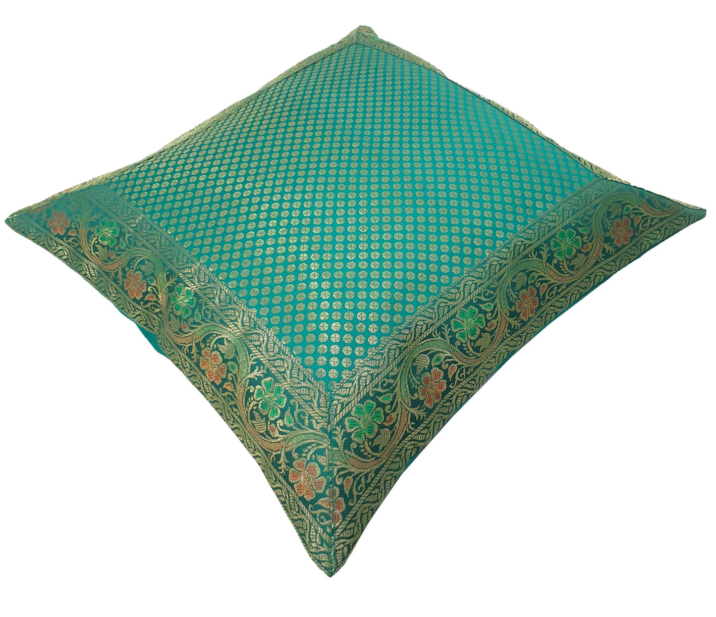 16x16" Banarasi Cushion Cover Woven Brocade Silk Dots Rama Green Indian Gift
