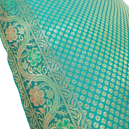16x16" Banarasi Cushion Cover Woven Brocade Silk Dots Rama Green Indian Gift