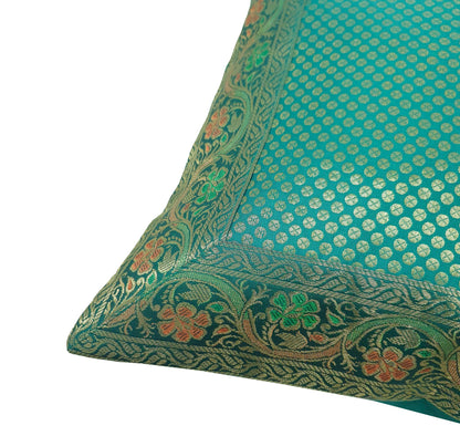 16x16" Banarasi Cushion Cover Woven Brocade Silk Dots Rama Green Indian Gift