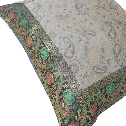 16x16" Banarasi Cushion Covers Indian Woven Zari Brocade Silk Paisley Gray Gift