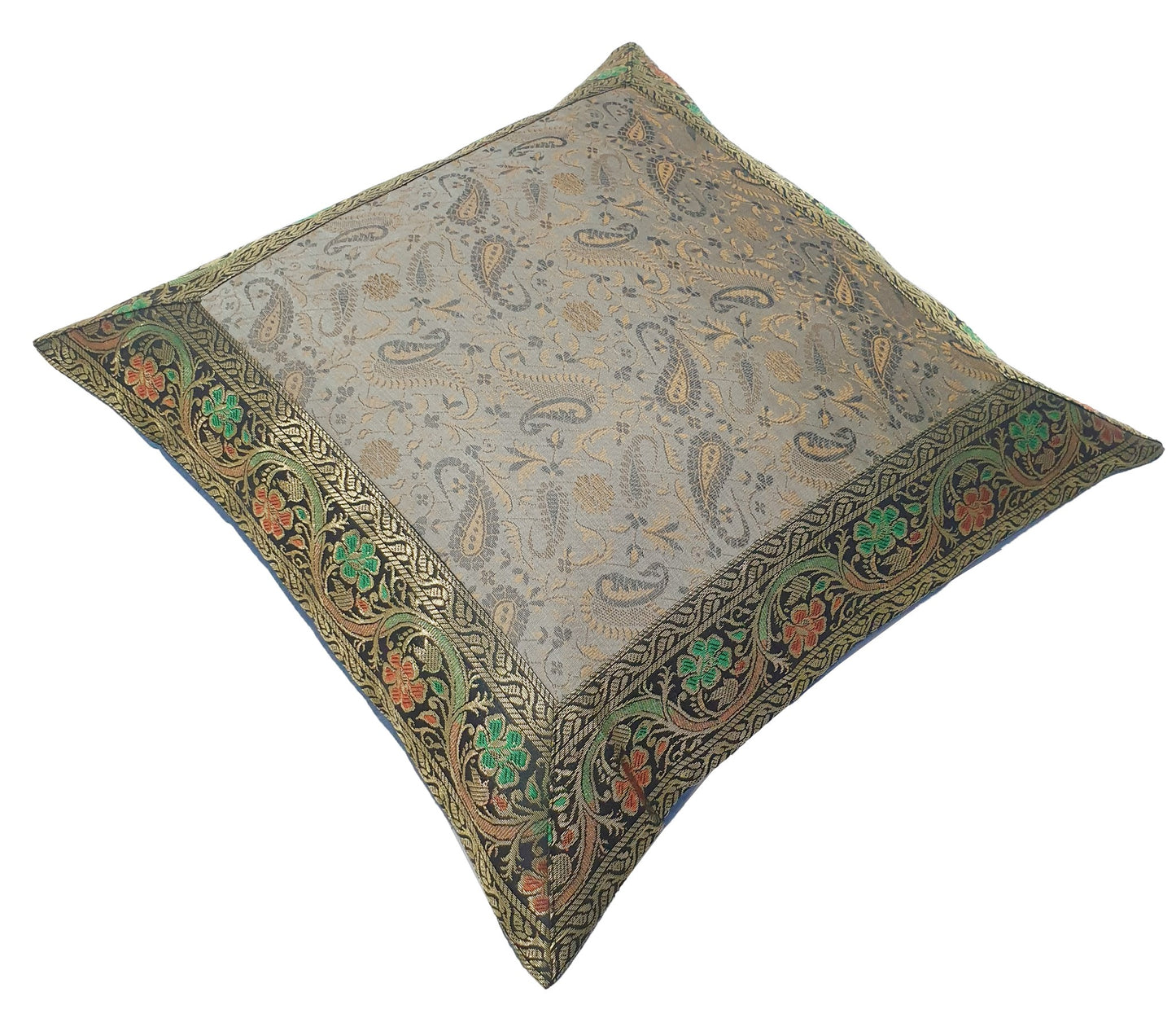 16x16" Banarasi Cushion Covers Indian Woven Zari Brocade Silk Paisley Gray Gift
