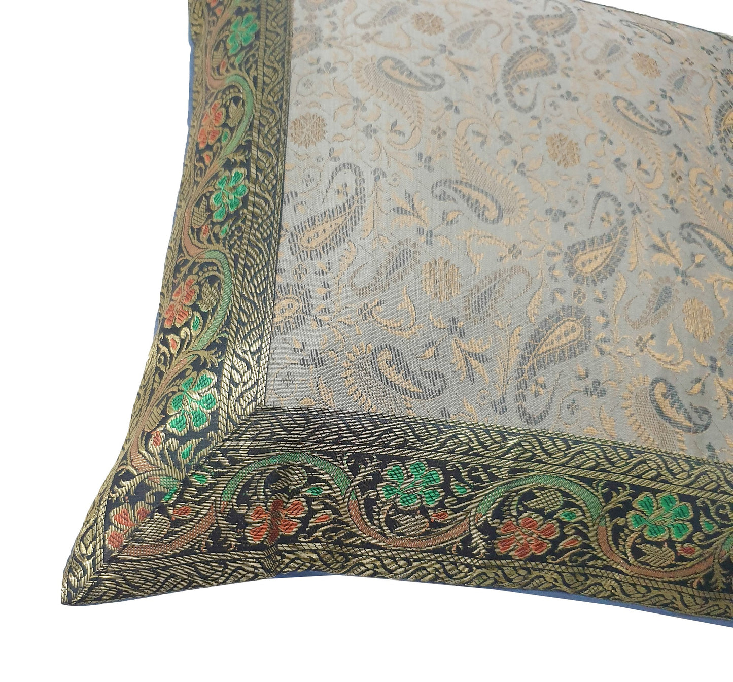 16x16" Banarasi Cushion Covers Indian Woven Zari Brocade Silk Paisley Gray Gift