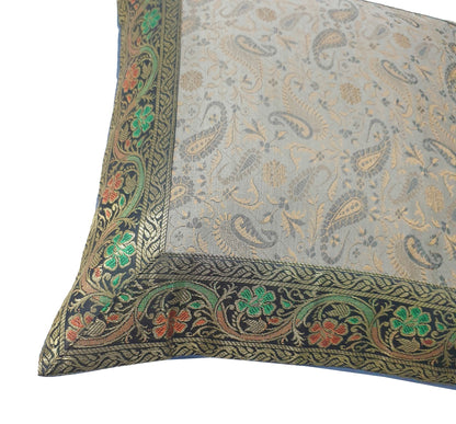 16x16" Banarasi Cushion Covers Indian Woven Zari Brocade Silk Paisley Gray Gift
